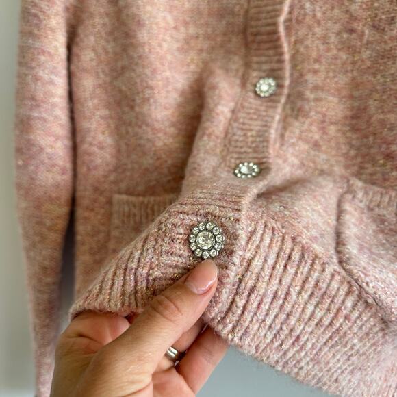 J. Crew Shimmer Lady Button Front Crew Neck Knit Cardigan Rose Blush Metallic M - Picture 5 of 11